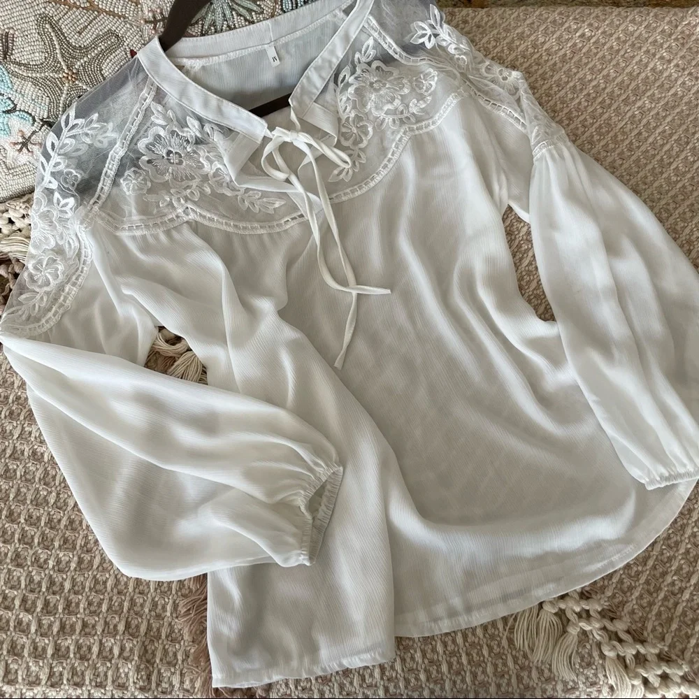 Sheer Bell Sleeve V-neck Tie Blouse - Picture 1 of 7
